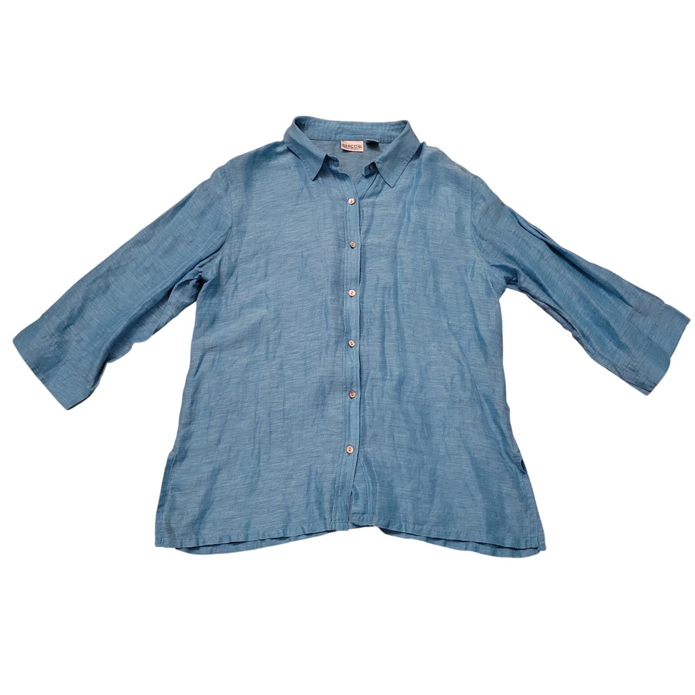 Chicos 2 Button Down Blue Linen Silk Shirt 12 14 L Blouse Beach Coastal Gauzy